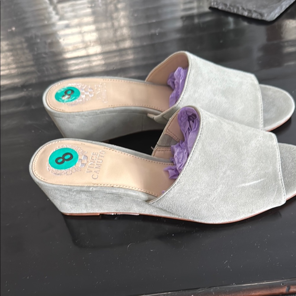 Vince Camuto Stephana Gray Suede Mules with Rounded Open Toe - Picture 3 of 5